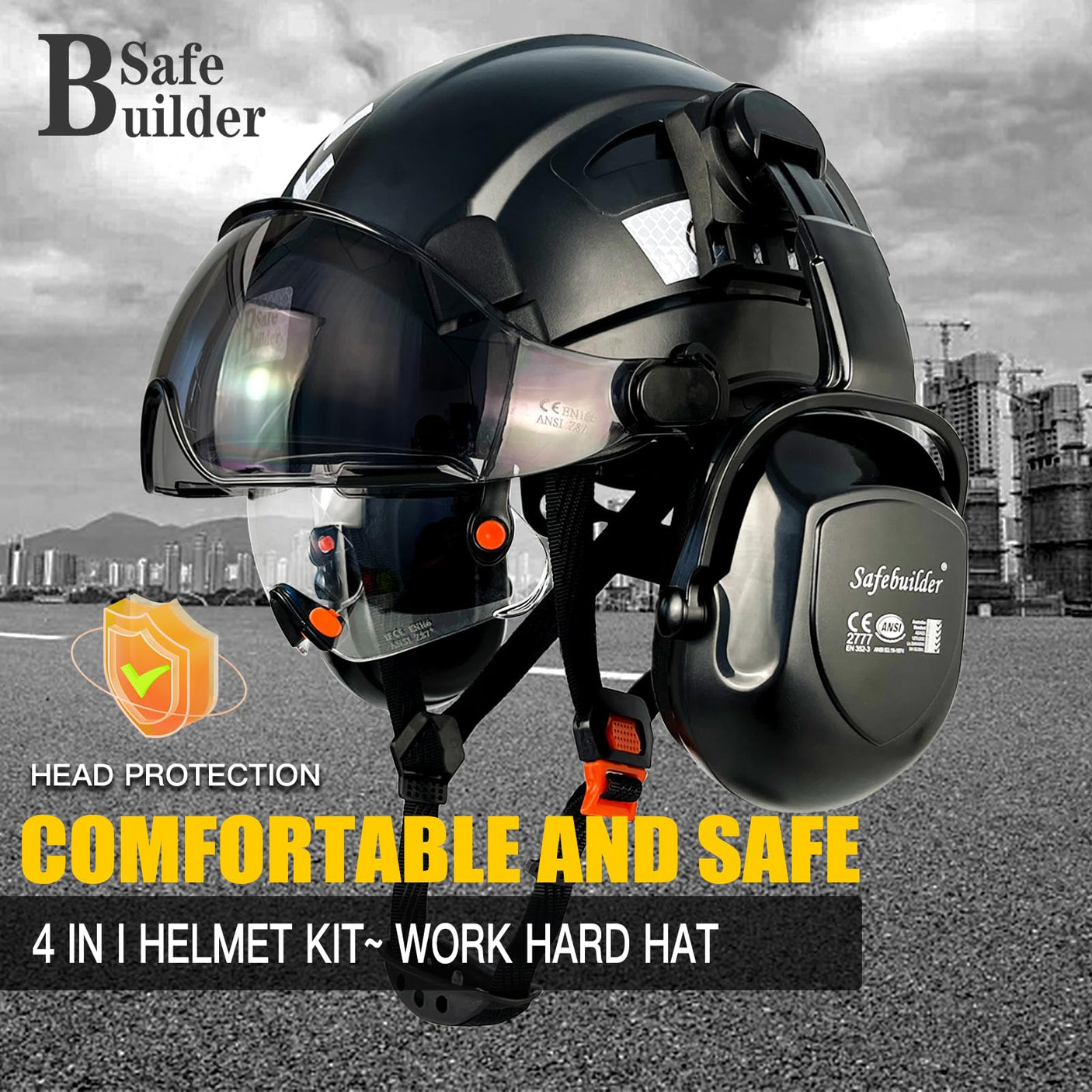 Industrial Safety Helmet with Visor Ear Muffs Hard Hat with Visor Vented Hardhats Construction Work Head Protection ANSI