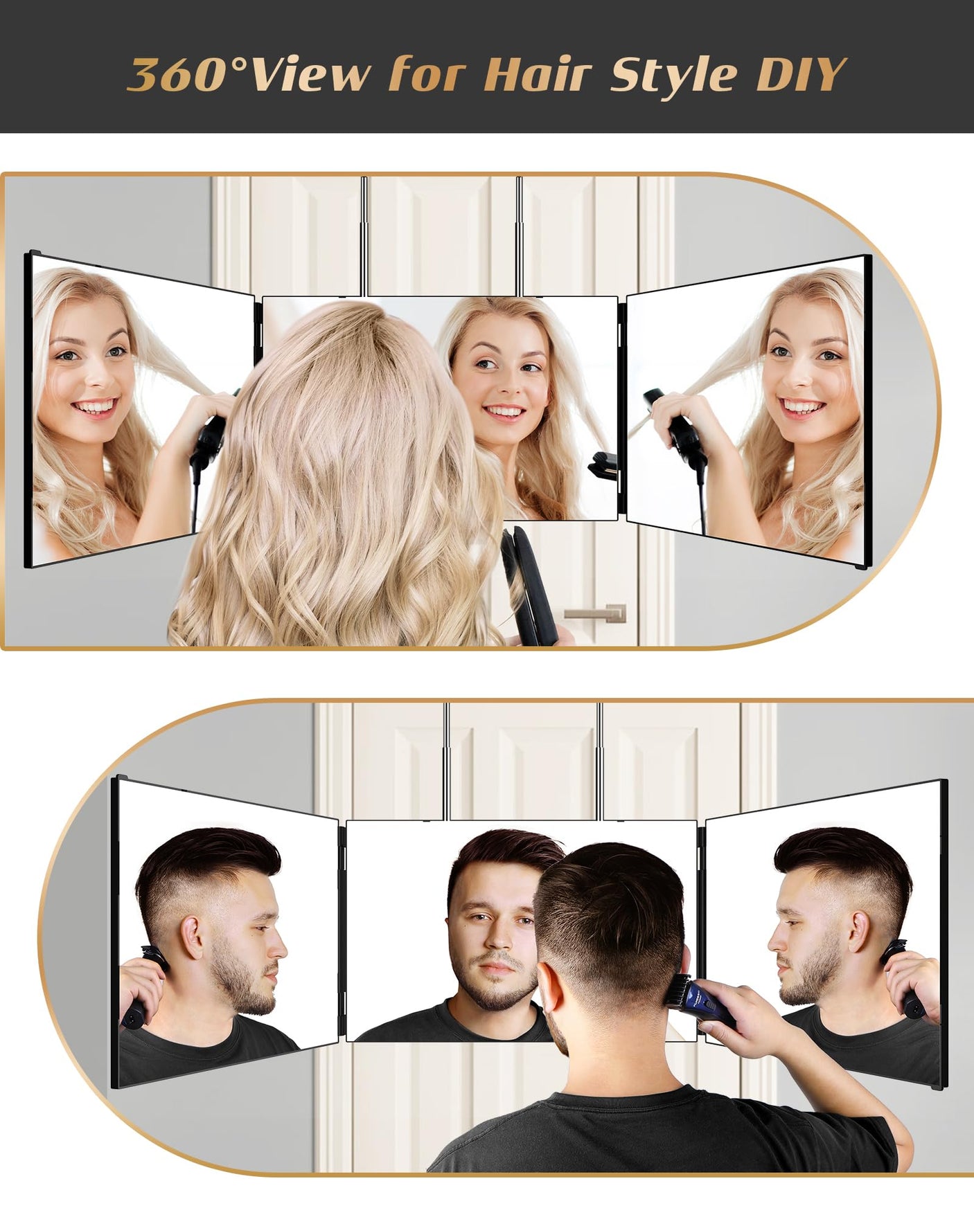 JUSRON 360 Viewing Angle Self Hair Cutting Mirror, Clear Anti-Fog HD Glass (Black Without LED Without Accessories)