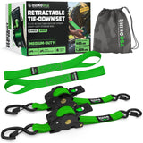Rhino USA Retractable Ratchet Straps (4-Pack) - 1 Inch x 10 Feet (1,209lb Break Strength) - Heavy Duty Auto Self Retracting Tie Down Straps for Truck, Cargo Trailer, Motorcycle, Rad & More - Green