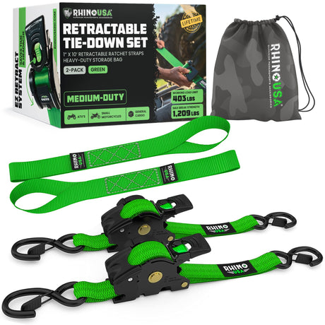 Rhino USA Retractable Ratchet Straps (4-Pack) - 1 Inch x 10 Feet (1,209lb Break Strength) - Heavy Duty Auto Self Retracting Tie Down Straps for Truck, Cargo Trailer, Motorcycle, Rad & More - Green