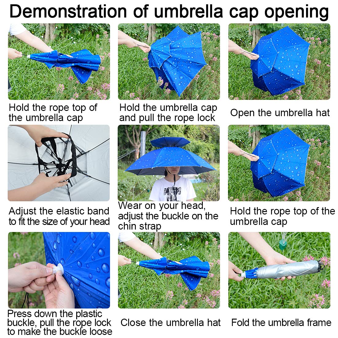 NEW-Vi Fishing Umbrella Hat Folding Adjustable Sun Rain Cap, 37.4”Oversize Hands Free Umbrellas, 7-Ribs Anti-UV Waterproof Headwear for Fishing Gardening Golf Sunshade Outdoor