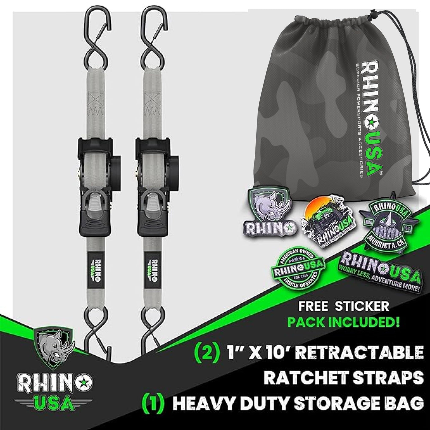 Rhino USA Retractable Ratchet Straps (4-Pack) - 1 Inch x 10 Feet (1,209lb Break Strength) - Heavy Duty Auto Self Retracting Tie Down Straps for Truck, Cargo Trailer, Motorcycle, Rad & More - Green