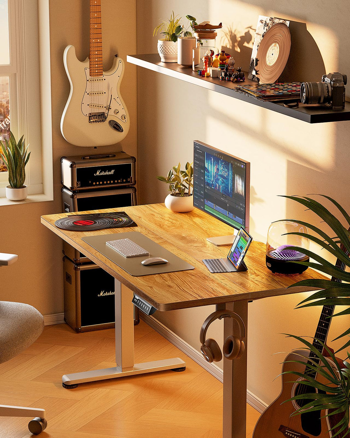 ErGear Height Adjustable Electric Standing Desk, 55 x 28 Inches Sit Stand up Desk, Large Memory Computer Home Office Desk with Two-Piece Desktop (Black)