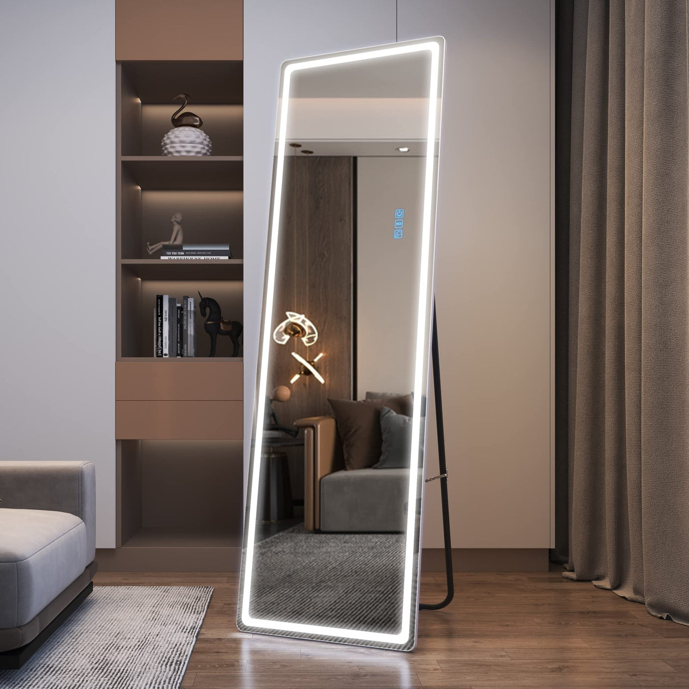 LVSOMT LED RGB Full Length Mirror, Full Body Mirror with Lights, Wall Mounted Lighted Mirror, Over The Door Hanging Mirror, 14 LED Light + Dimmable Brightness + Adjustable Speed, 47" x 16"