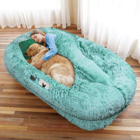 Human Dog Bed, Large Dog Beds for Humans Size Fits You and Pets, Washable Faux Fur Orthopedic Human Pet Bed for People Doze Off, Napping, Present Pillow, Blanket, Strap - Khaki