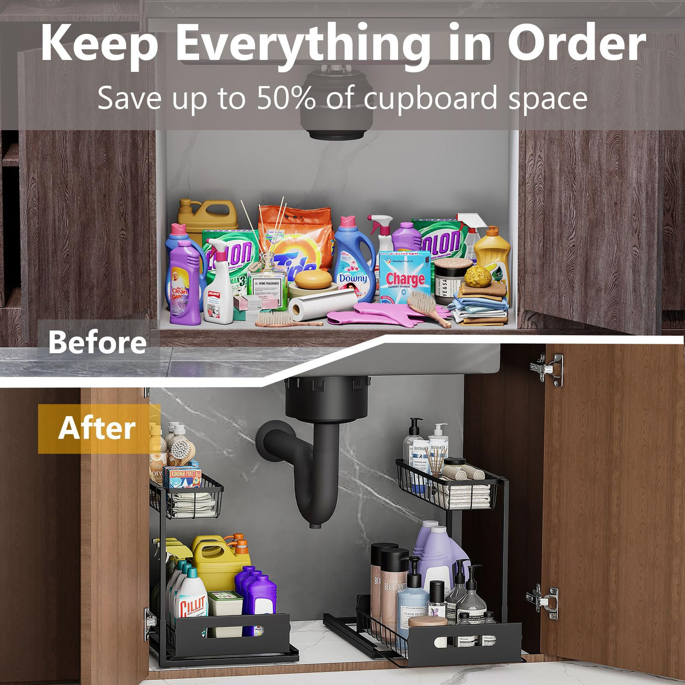 Under Sink Organizers and Storage 2 Tier Slide Out Kitchen Cabinet Organizer Sturdy Metal Bathroom Storage (Black, 1 Pack)