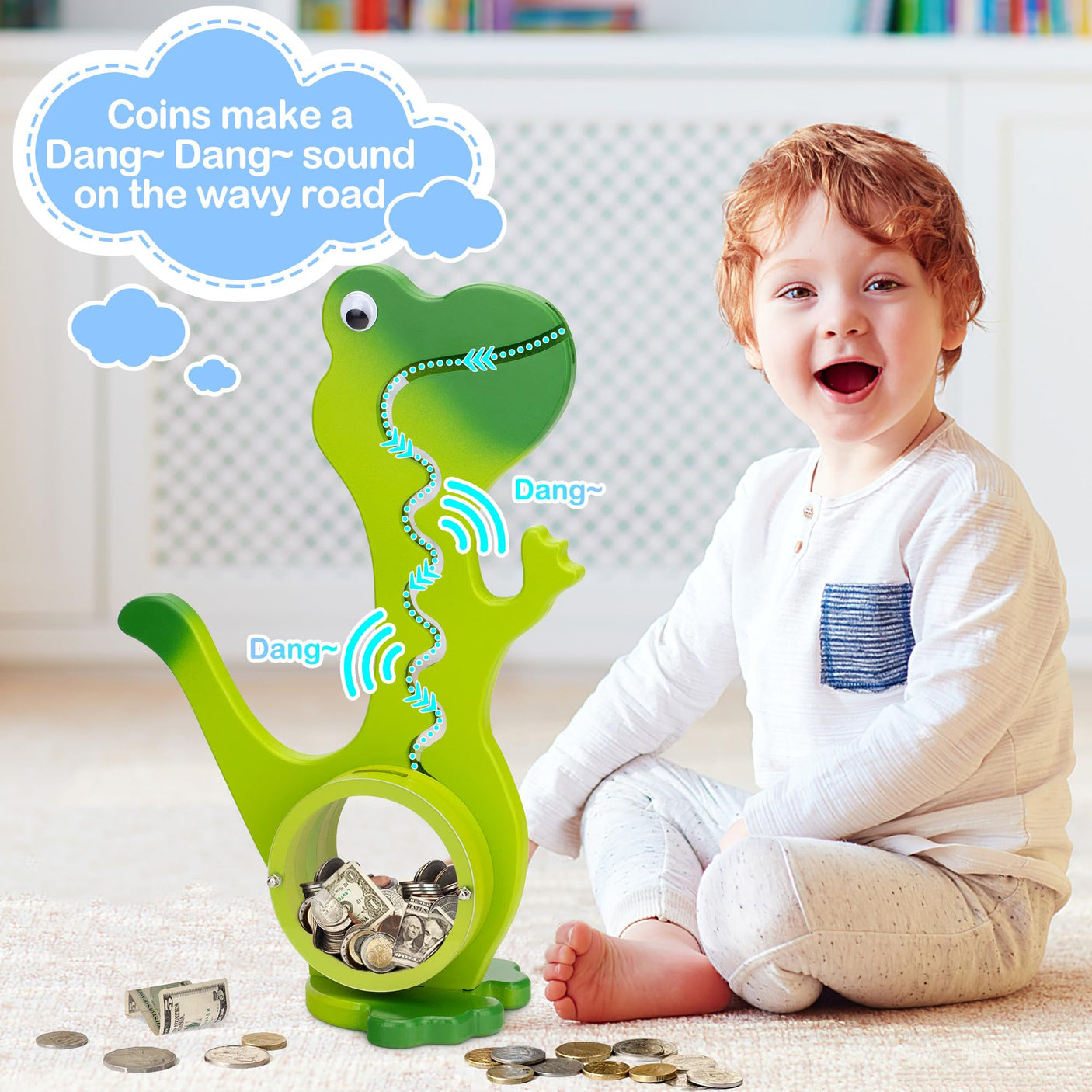 Wooden Dinosaur Piggy Bank Boalord for Boys Kids Girls Clear Big Belly Animal Coin Bank for Toddler Real Money Toy（Dino-Blue）