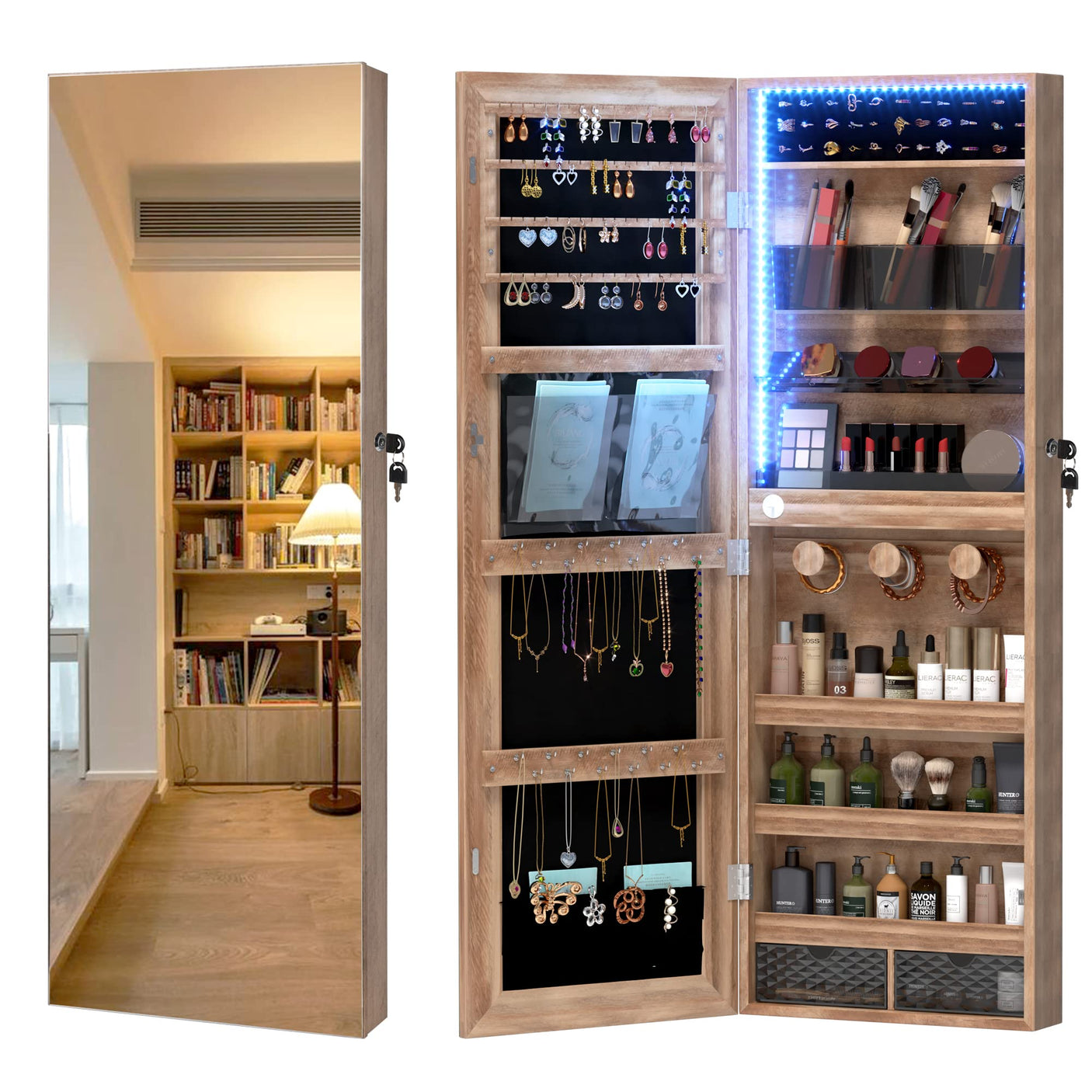 LVSOMT Wall/Door Hanging Mirror with Jewelry Storage, Lockable Jewelry Armoire Organizer with LED Lights, Mirror Jewelry Cabinet,Brown