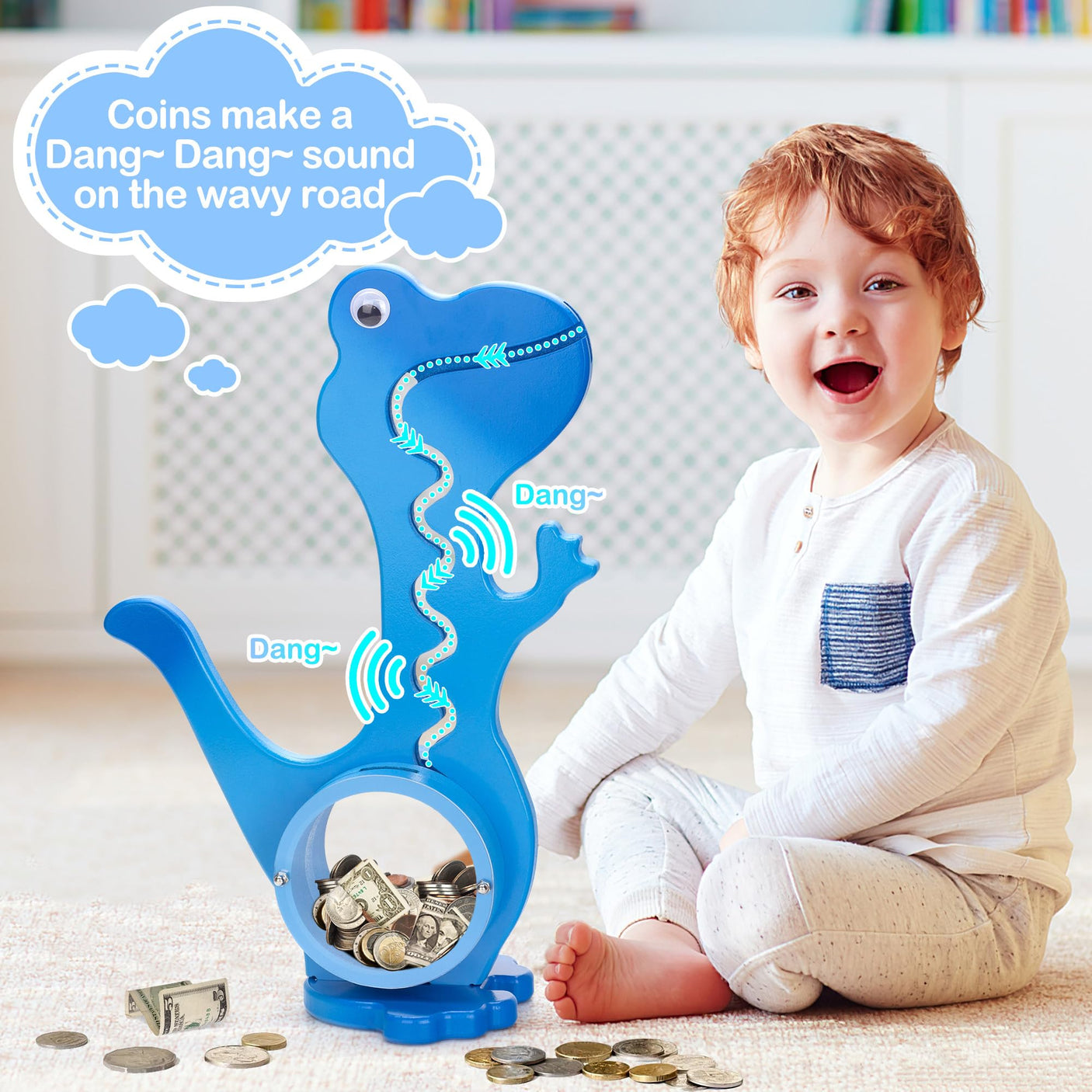 Wooden Dinosaur Piggy Bank Boalord for Boys Kids Girls Clear Big Belly Animal Coin Bank for Toddler Real Money Toy（Dino-Blue）