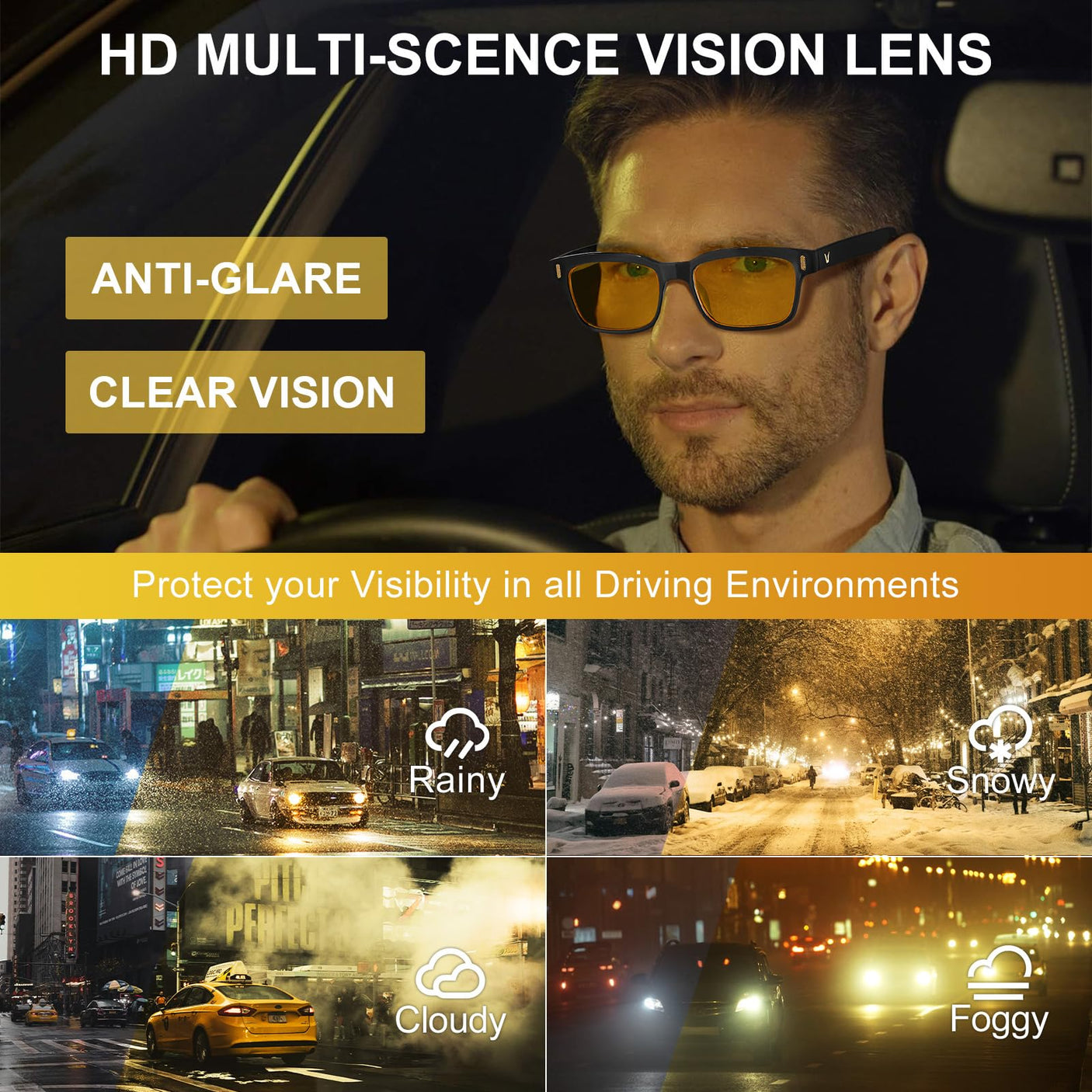 CARFIA Night Vision Glasses Driving for Men Women Anti-glare,Safety HD Yellow Lens Fishing Golf Narrow Face Glasses
