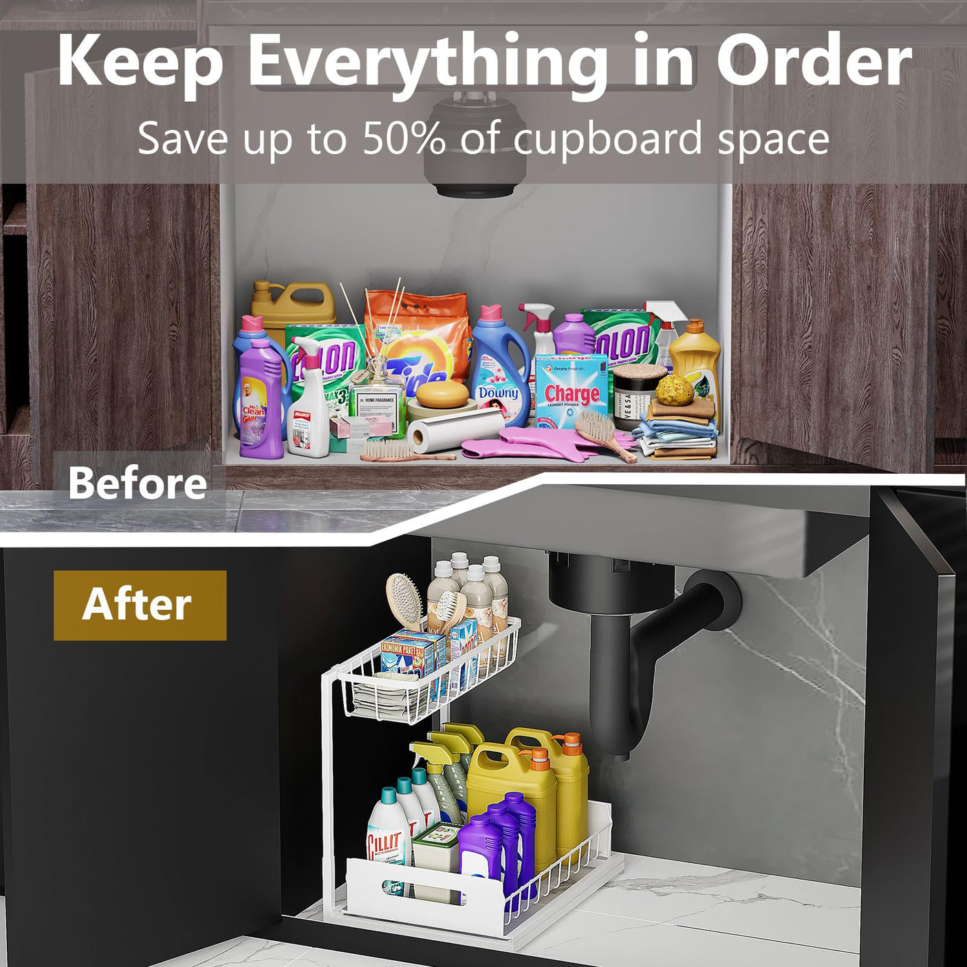 Under Sink Organizers and Storage 2 Tier Slide Out Kitchen Cabinet Organizer Sturdy Metal Bathroom Storage (Black, 1 Pack)