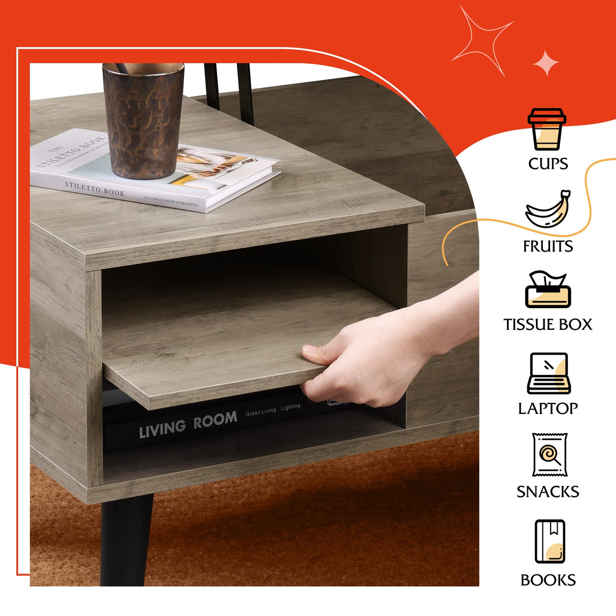 WLIVE Wood Lift Top Coffee Table with Hidden Compartment and Adjustable Storage Shelf, Lift Tabletop Dining Table for Home Living Room, Office, Rustic Oak