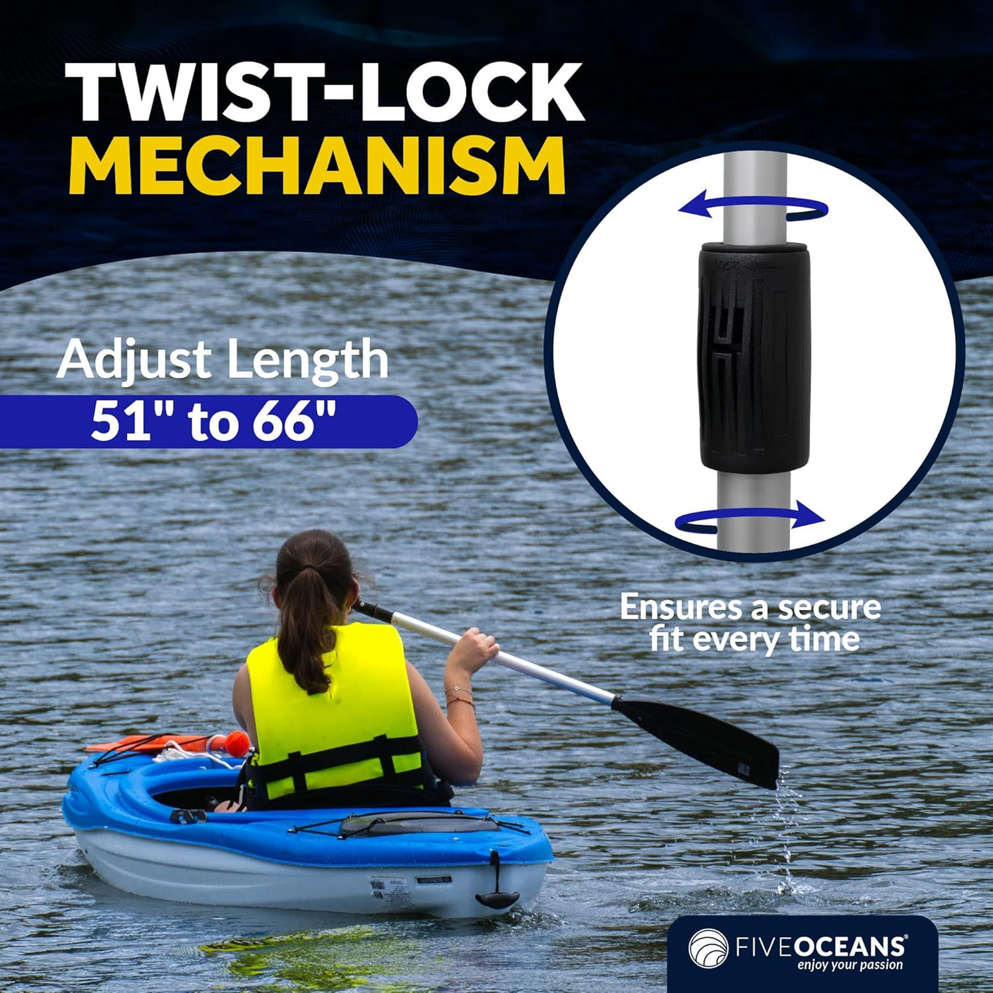 Five Oceans Canoe Paddle - Telescopic Paddle and Hook with Bilge Pump Function, Boat Paddle for Boats - Telescoping from 4.25 Ft. (51-inch) to 5.5 Ft. (66-inch) - FO4718