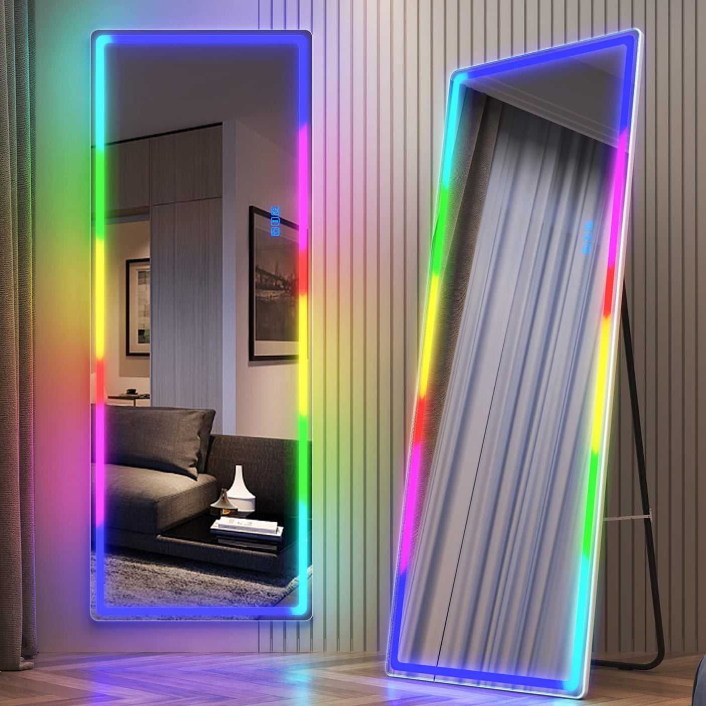 LVSOMT LED RGB Full Length Mirror, Full Body Mirror with Lights, Wall Mounted Lighted Mirror, Over The Door Hanging Mirror, 14 LED Light + Dimmable Brightness + Adjustable Speed, 47" x 16"