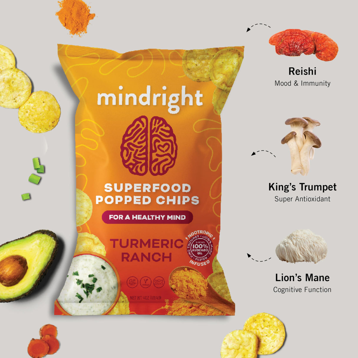 MINDRIGHT Superfood Vegan Nootropic Snack Popped Veggie Chips Variety Pack - Gluten Free Non-Gmo Grain Free - Brain Food Healthy Chips To Help Enhance Mood, Energy & Focus (4oz, 4 Pack)