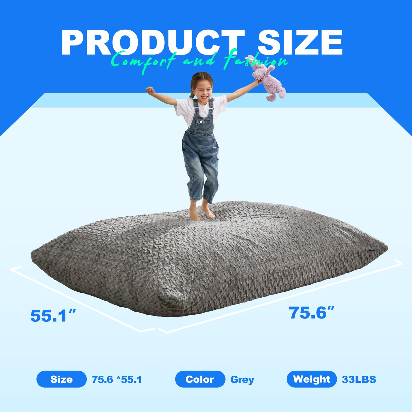 Hobestluk 3 in 1 Bean Bag Chair Giant Bean Bag Chairs Convertible Bean Bag Floor Cushion with Machine Washable Cover, Beanbag Chairs for Adult (Dark Grey)