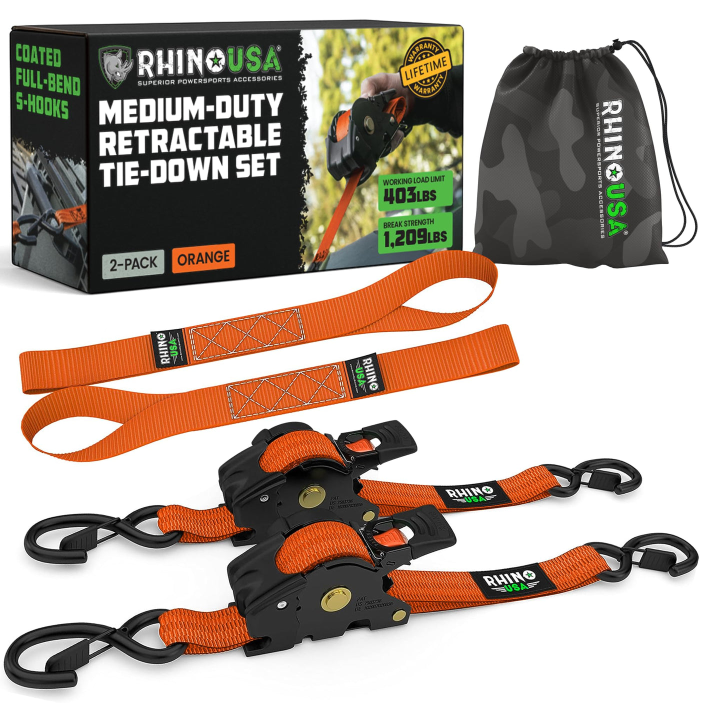 Rhino USA Retractable Ratchet Straps (4-Pack) - 1 Inch x 10 Feet (1,209lb Break Strength) - Heavy Duty Auto Self Retracting Tie Down Straps for Truck, Cargo Trailer, Motorcycle, Rad & More - Green