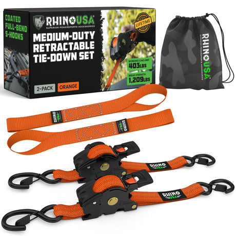 Rhino USA Retractable Ratchet Straps (4-Pack) - 1 Inch x 10 Feet (1,209lb Break Strength) - Heavy Duty Auto Self Retracting Tie Down Straps for Truck, Cargo Trailer, Motorcycle, Rad & More - Green