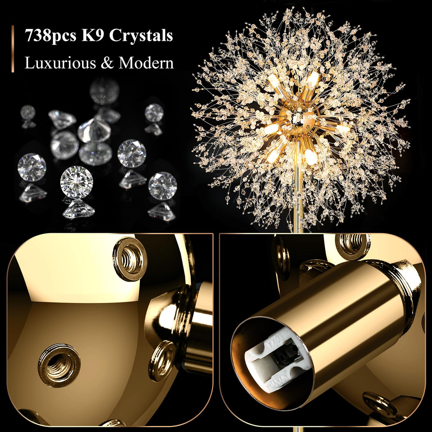 BesLowe 69'' Crystal Floor Lamp for Living Room, Modern Standing Lamp with 738PCS K9 Crystals, Tall Lamp Pole Light for Bedroom Office, Mid Century Gold Floor Lighting with 9 LED Bulbs, Antique Brass