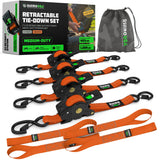 Rhino USA Retractable Ratchet Straps (4-Pack) - 1 Inch x 10 Feet (1,209lb Break Strength) - Heavy Duty Auto Self Retracting Tie Down Straps for Truck, Cargo Trailer, Motorcycle, Rad & More - Green