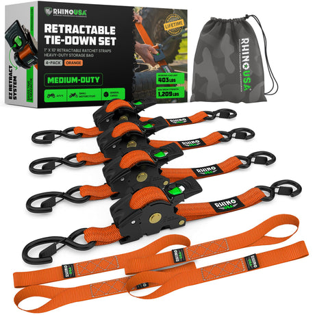 Rhino USA Retractable Ratchet Straps (4-Pack) - 1 Inch x 10 Feet (1,209lb Break Strength) - Heavy Duty Auto Self Retracting Tie Down Straps for Truck, Cargo Trailer, Motorcycle, Rad & More - Green
