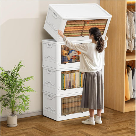4 Tier Storage Bins with Lids 103QT - Stackable Storage Containers with Wheels, Folding Storage Boxes, Stackable Storage Bins, Closet Organizers and Storage for Living Room,Office