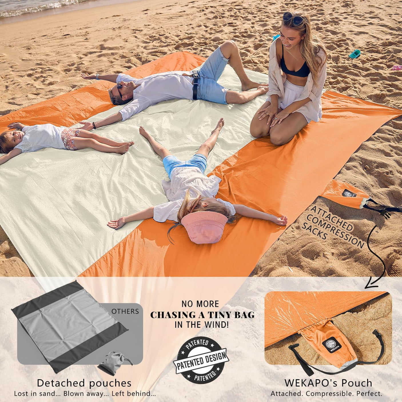 WEKAPO Beach Blanket Sandproof Waterproof, Extra Large Beach Mat, Oversized & Compact Sand Free Mat Quick Drying, Lightweight & Durable with 6 Stakes & 4 Corner Pockets