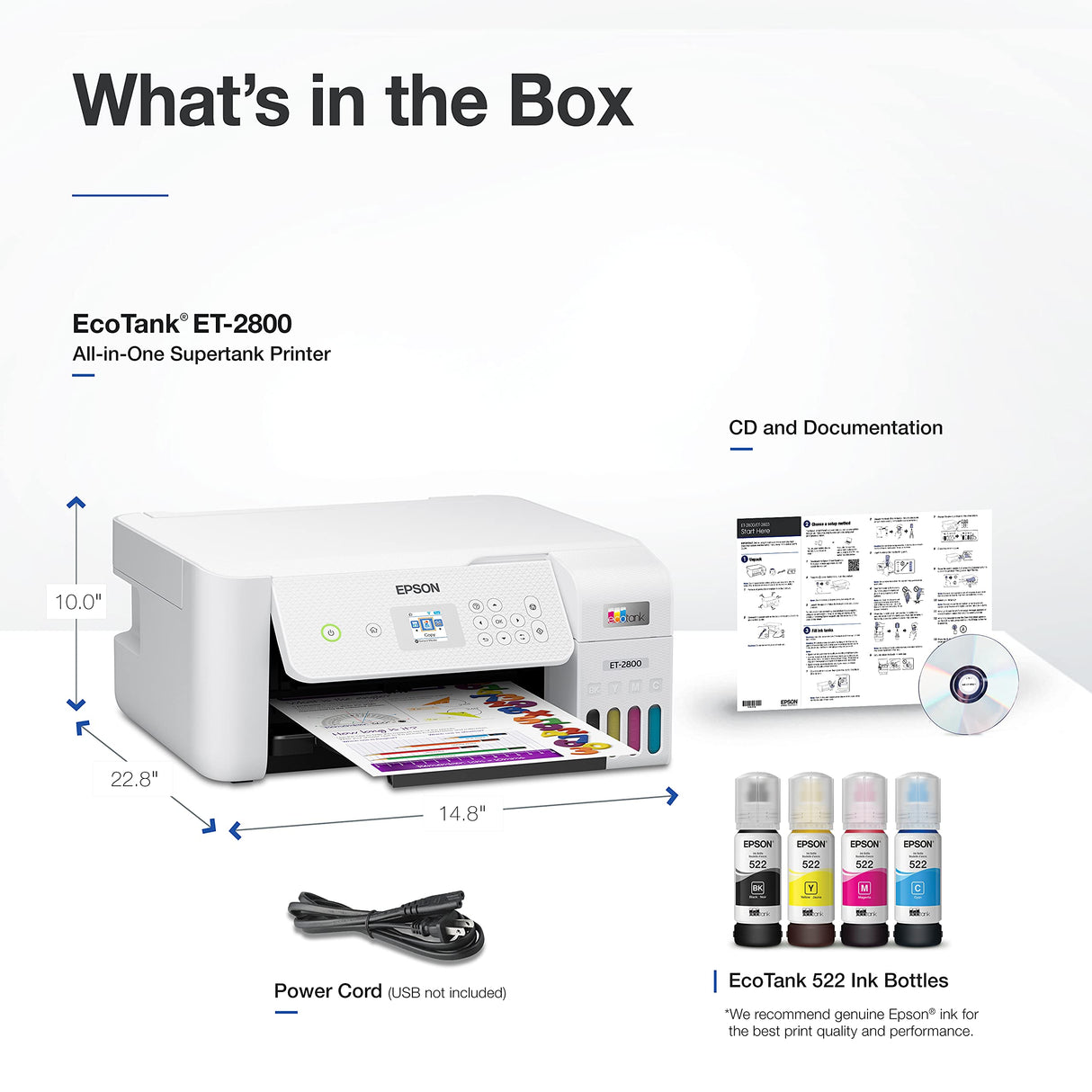 Epson EcoTank ET-2800 Wireless Color All-in-One Cartridge-Free Supertank Printer with Scan and Copy â€“ The Ideal Basic Home Printer - Black, Medium