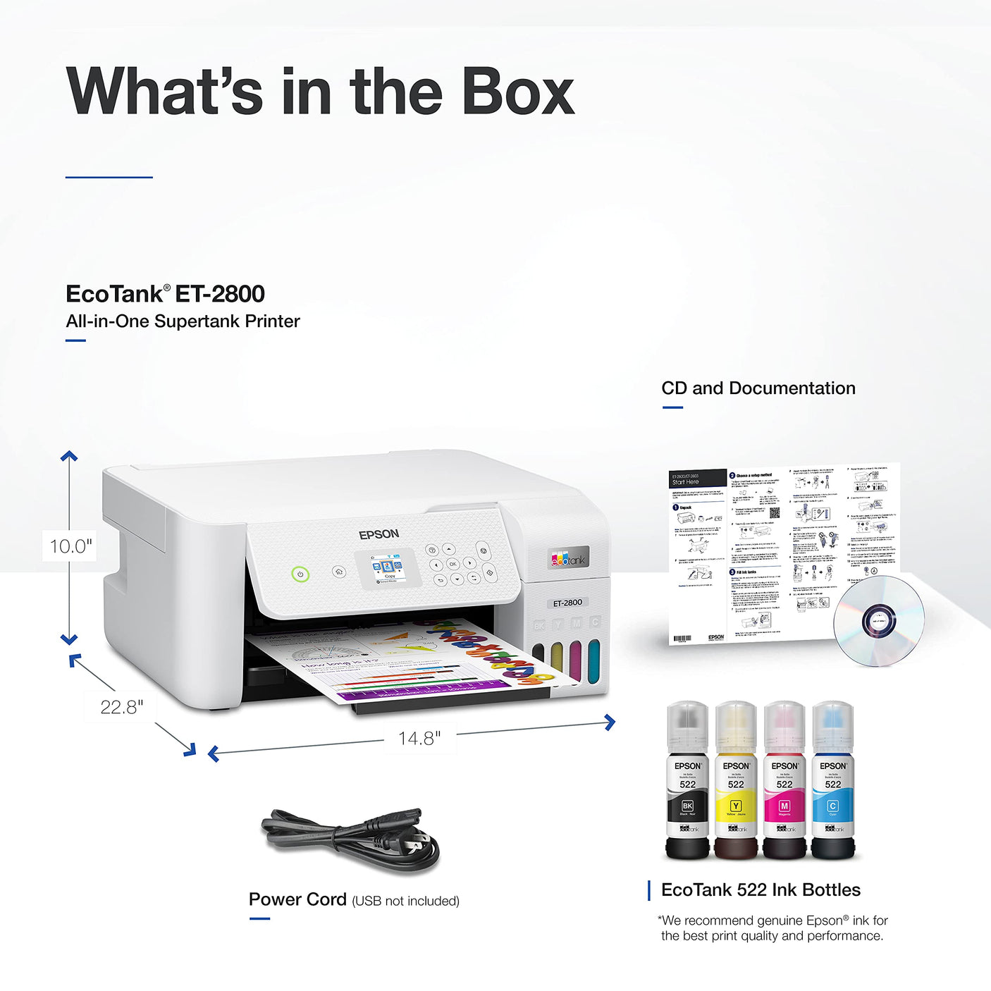 Epson EcoTank ET-2800 Wireless Color All-in-One Cartridge-Free Supertank Printer with Scan and Copy â€“ The Ideal Basic Home Printer - Black, Medium