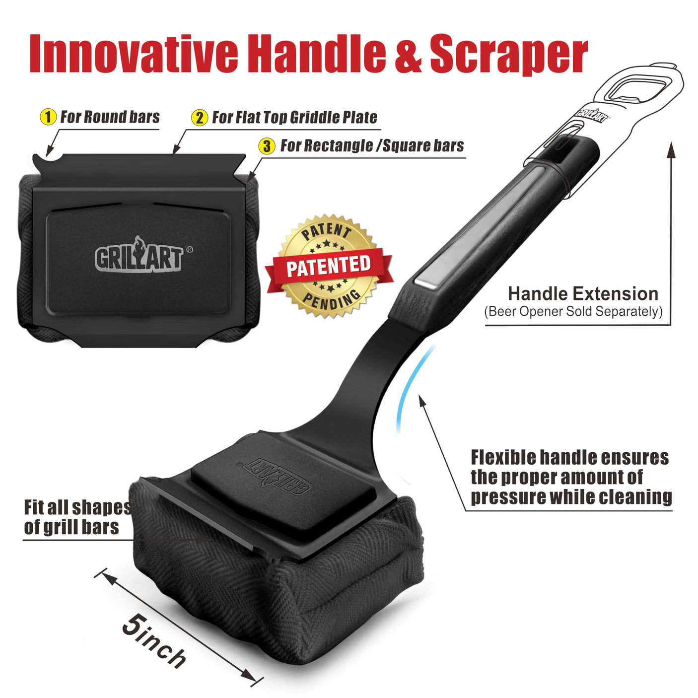 GRILLART Grill Brush Bristle Free. SteamWizards BBQ Replaceable Cleaning Head, Unique Seamless-Fit Scraper Tool for Cast Iron/Stainless-Steel Grates, Safe Barbecue Grill Cleaner-Red