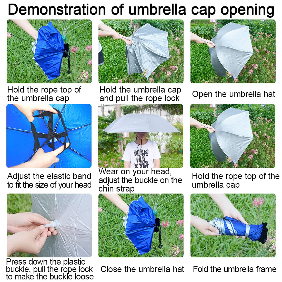 NEW-Vi Fishing Umbrella Hat Folding Adjustable Sun Rain Cap, 37.4”Oversize Hands Free Umbrellas, 7-Ribs Anti-UV Waterproof Headwear for Fishing Gardening Golf Sunshade Outdoor