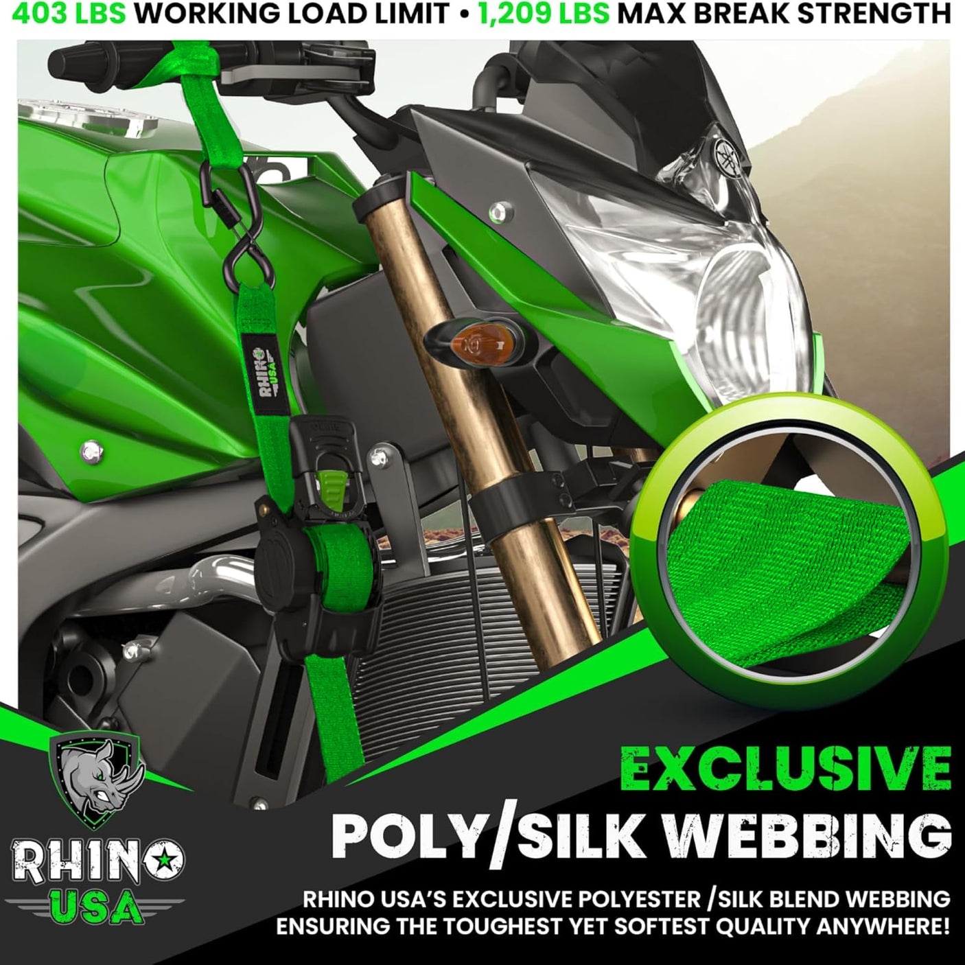 Rhino USA Retractable Ratchet Straps (4-Pack) - 1 Inch x 10 Feet (1,209lb Break Strength) - Heavy Duty Auto Self Retracting Tie Down Straps for Truck, Cargo Trailer, Motorcycle, Rad & More - Green