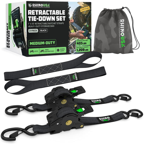 Rhino USA Retractable Ratchet Straps (4-Pack) - 1 Inch x 10 Feet (1,209lb Break Strength) - Heavy Duty Auto Self Retracting Tie Down Straps for Truck, Cargo Trailer, Motorcycle, Rad & More - Green