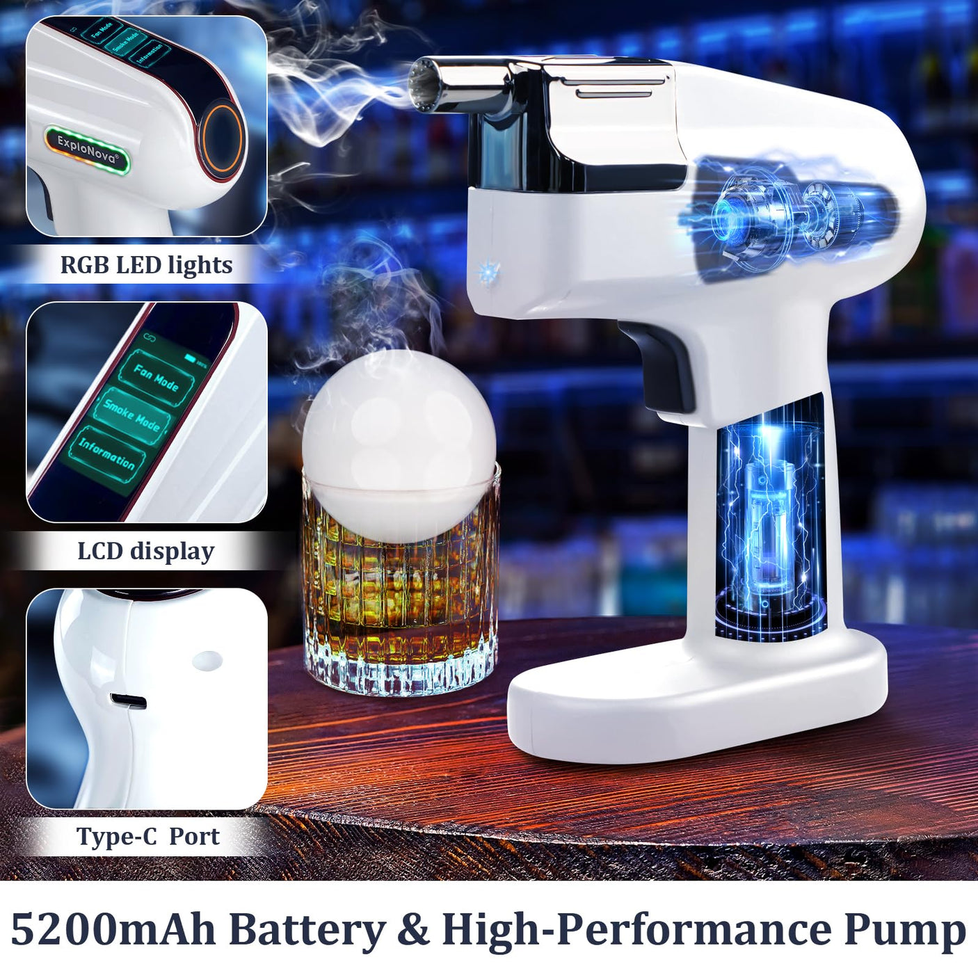 Cocktail Bubble Smoke Gun with 5 Flavour Aroma Pods and Edible Bubbles, Electric Bubble Smoke Machine, Food Drink Decor Perfect for Bar, Party and Home, Gift for Engagement & Birthday