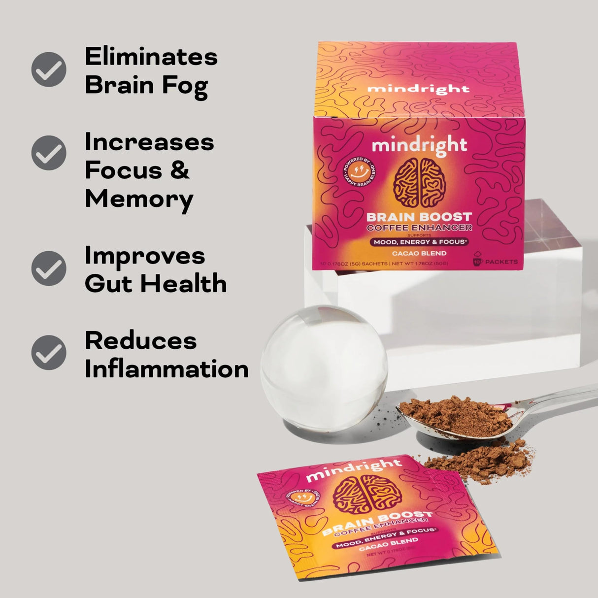 MINDRIGHT Brain Boost Coffee Enhancer - Superfood Blend w/Mushroom - Caffeine Free Low Sugar (Cocoa Blend, 10 Pack)