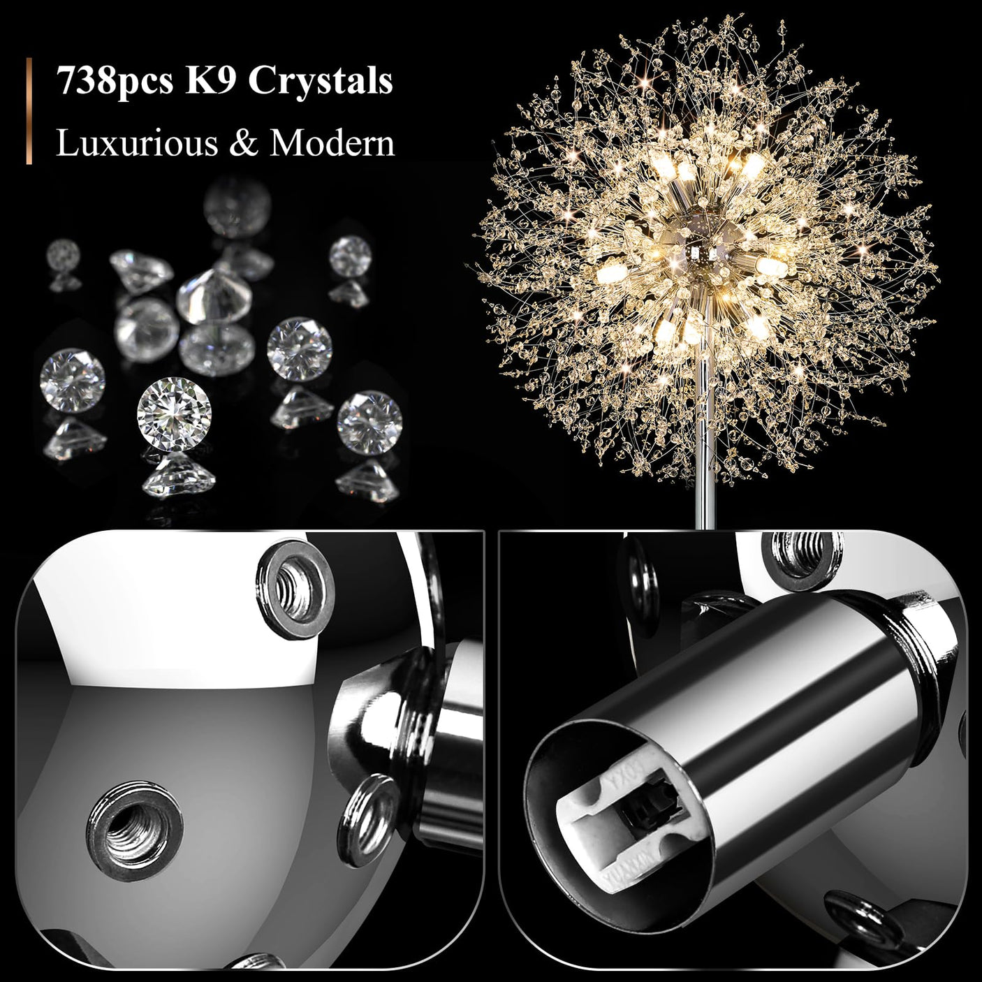 BesLowe 69'' Crystal Floor Lamp for Living Room, Modern Standing Lamp with 738PCS K9 Crystals, Tall Lamp Pole Light for Bedroom Office, Mid Century Gold Floor Lighting with 9 LED Bulbs, Antique Brass