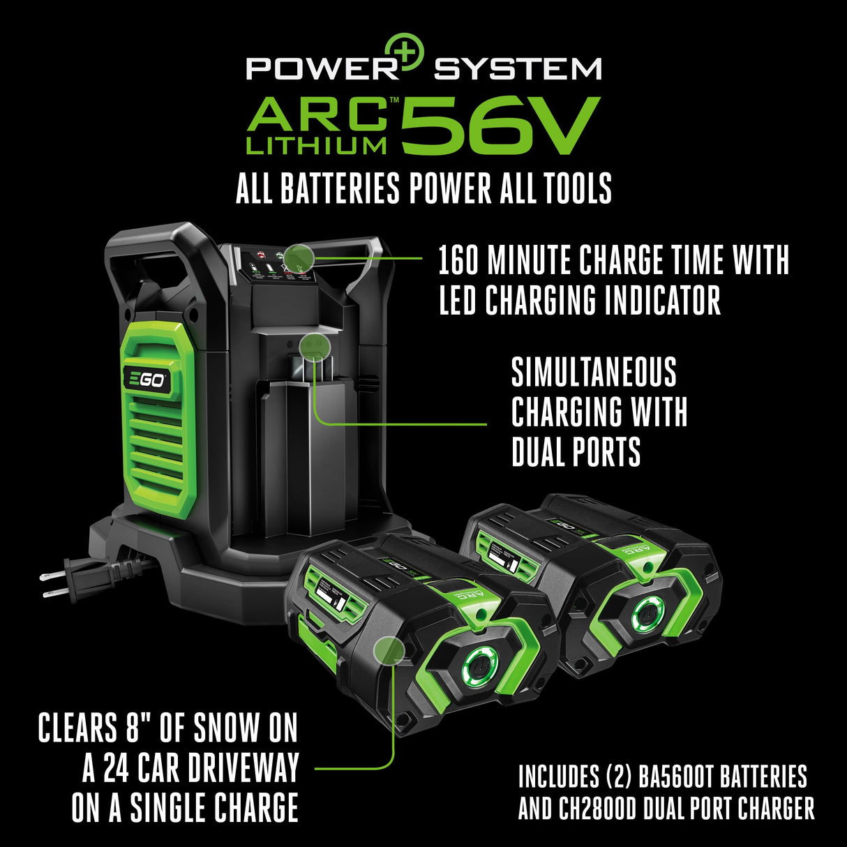 EGO Power+ SNT2112 21-Inch 56-Volt Lithium-Ion Cordless Snow Blower with Steel Auger - (2) 5.0Ah Batteries and Dual Port Charger Included, Black