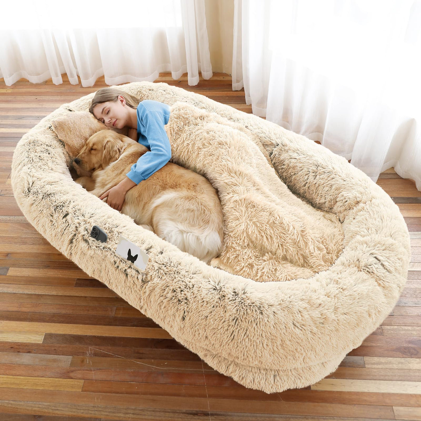 Human Dog Bed, Large Dog Beds for Humans Size Fits You and Pets, Washable Faux Fur Orthopedic Human Pet Bed for People Doze Off, Napping, Present Pillow, Blanket, Strap - Khaki