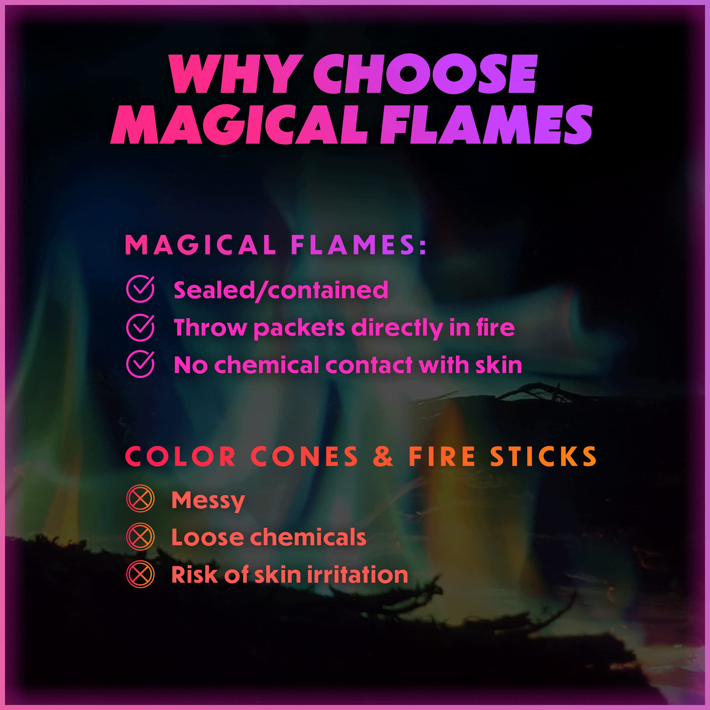 Magical Flames Fire Color Changing Packets for Fire Pit, Indoor/Outdoor Fireplace, Campfires, Bonfires - 25 Pack of Flame Color Changing Packets Camping Accessories