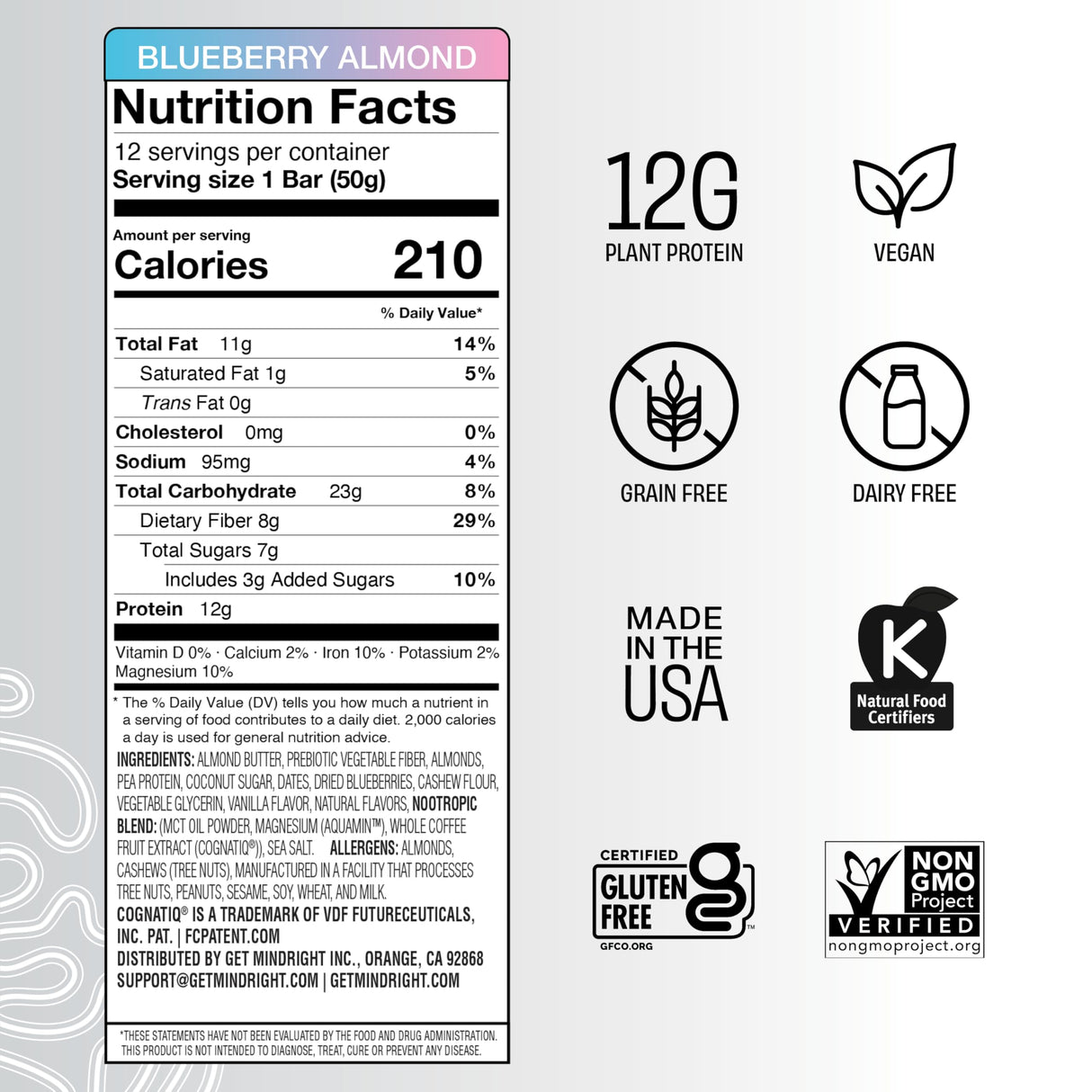 Mindright Superfood Vegan Protein Bar | Gluten Free, Non-Gmo, Low Sugar | Brain Food Snack to Enhance Mood, Energy, and Focus | Pack of 12 (Peanut Butter Cup)