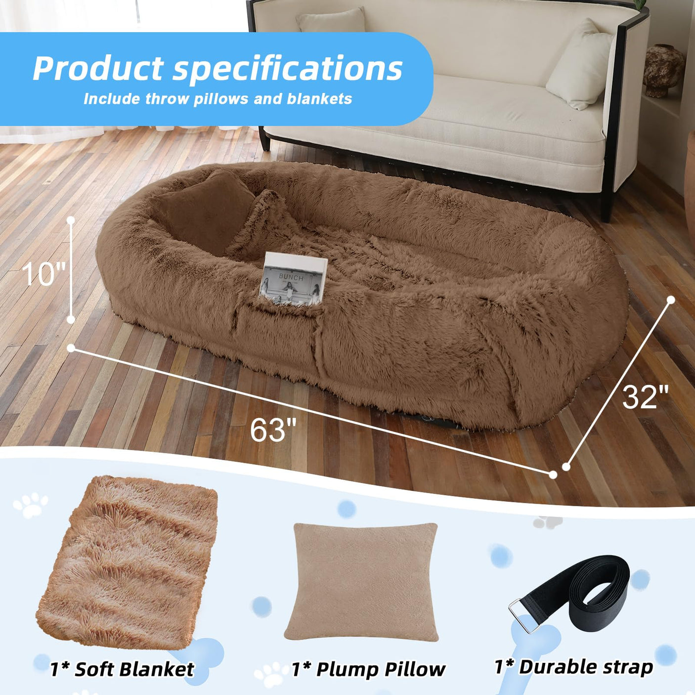 Human Dog Bed, Large Dog Beds for Humans Size Fits You and Pets, Washable Faux Fur Orthopedic Human Pet Bed for People Doze Off, Napping, Present Pillow, Blanket, Strap - Khaki