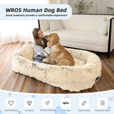 Human Dog Bed, Large Dog Beds for Humans Size Fits You and Pets, Washable Faux Fur Orthopedic Human Pet Bed for People Doze Off, Napping, Present Pillow, Blanket, Strap - Khaki
