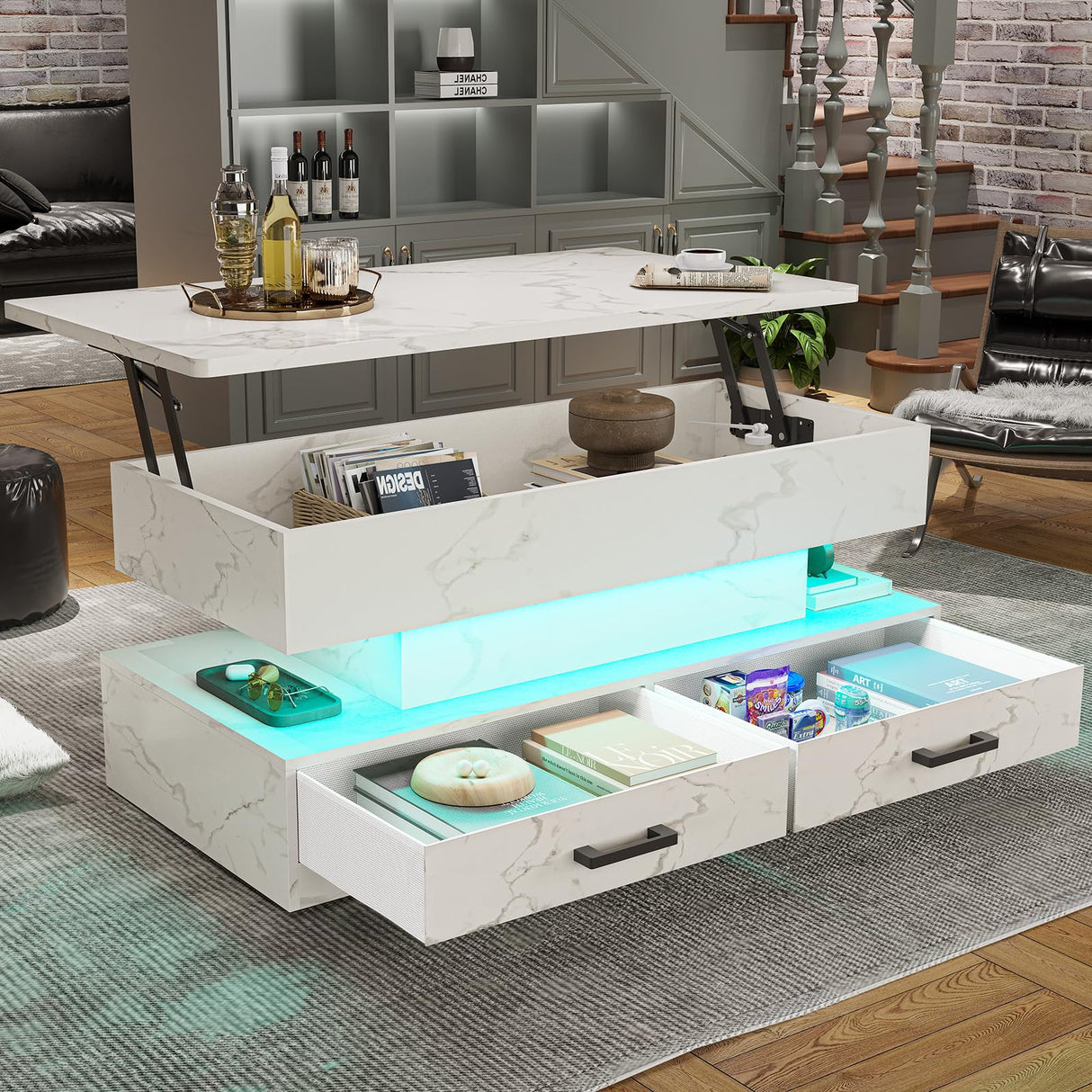 SEDETA 40" Lift Top Coffee Table, Coffee Tables with Storage for Living Room, Small Coffee Table with 2 Fabric Drawers & LED Light for Dining Reception Room, Black