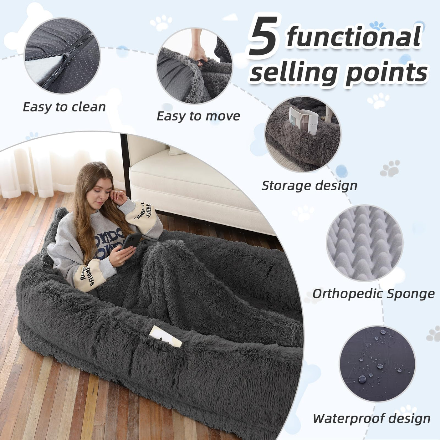 Human Dog Bed, Large Dog Beds for Humans Size Fits You and Pets, Washable Faux Fur Orthopedic Human Pet Bed for People Doze Off, Napping, Present Pillow, Blanket, Strap - Khaki