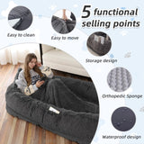 Human Dog Bed, Large Dog Beds for Humans Size Fits You and Pets, Washable Faux Fur Orthopedic Human Pet Bed for People Doze Off, Napping, Present Pillow, Blanket, Strap - Khaki