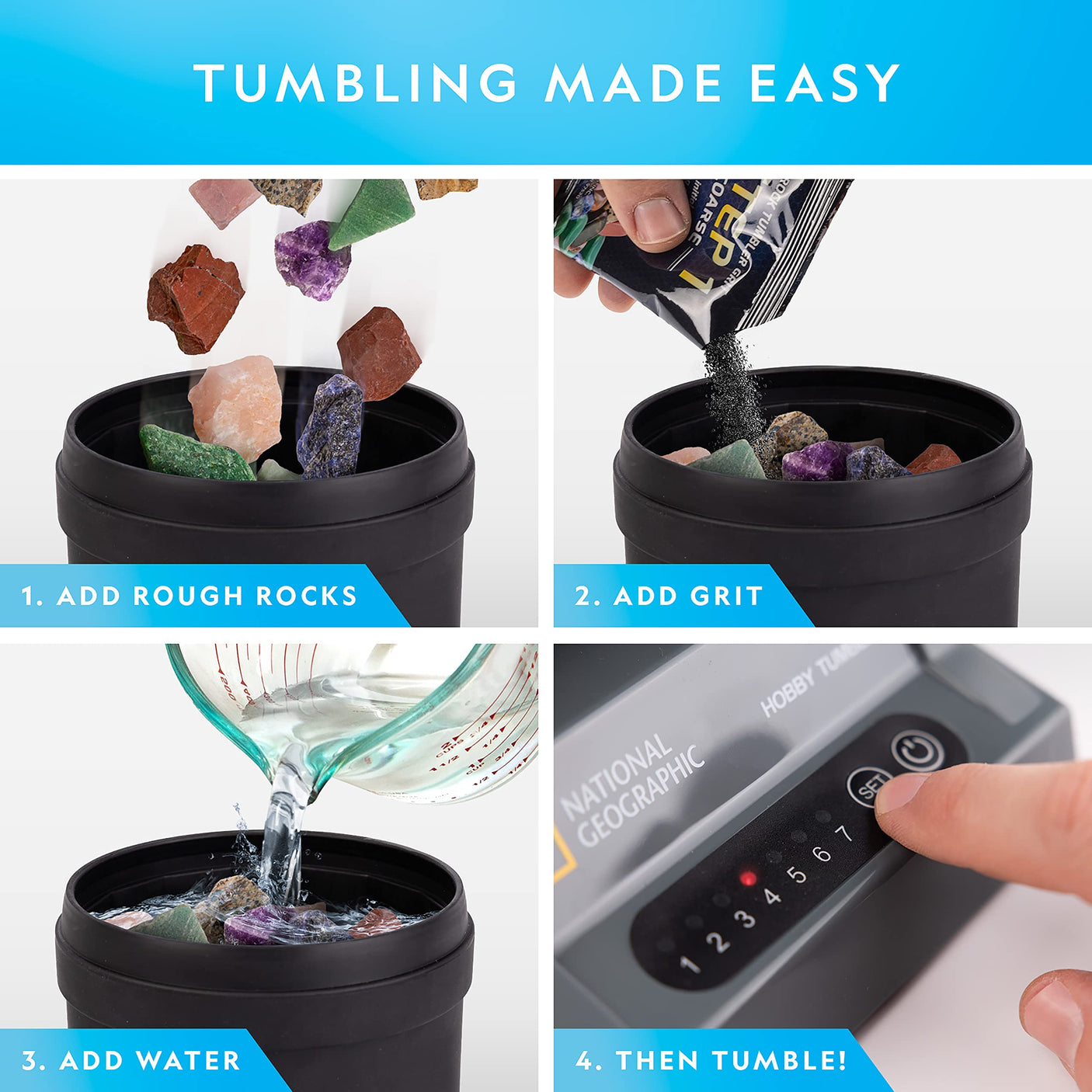 Blue Marble National Geographic Rock Tumbler Kit – Hobby Edition Includes Rough Gemstones, and 4 Polishing Grits, Great STEM Science Kit for Geology Enthusiasts, Rock Polisher for Kids and Adults