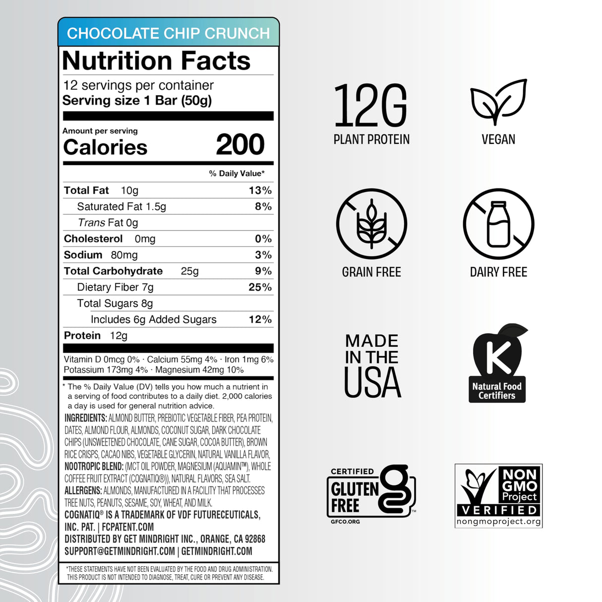 Mindright Superfood Vegan Protein Bar | Gluten Free, Non-Gmo, Low Sugar | Brain Food Snack to Enhance Mood, Energy, and Focus | Pack of 12 (Peanut Butter Cup)