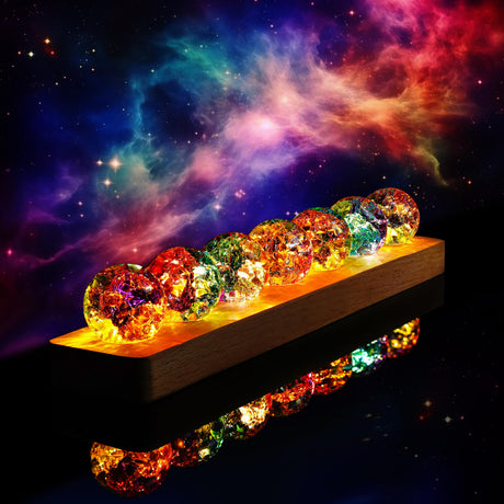 7 Chakra Natural Healing Spheres with LED Wooden Stand 40mm Crystal Quartz Stones for Meditation Positive Energy Night Light Decoration Balls Set for Home