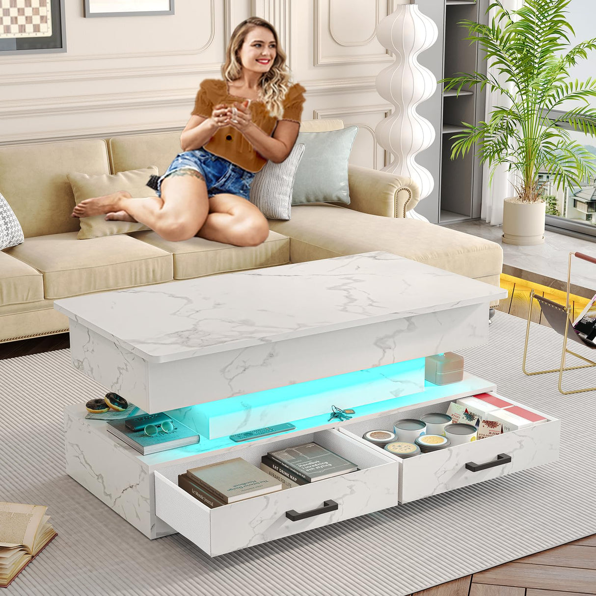 SEDETA 40" Lift Top Coffee Table, Coffee Tables with Storage for Living Room, Small Coffee Table with 2 Fabric Drawers & LED Light for Dining Reception Room, Black