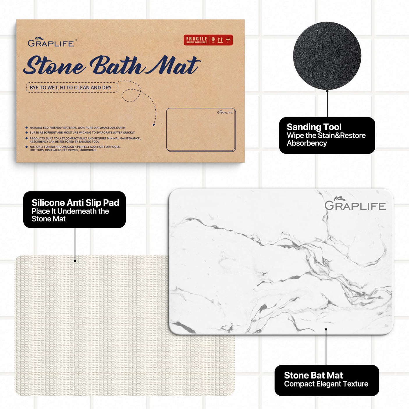 Stone Bath Mat, Diatomaceous Earth Shower Mat, Non-Slip Super Absorbent Quick Drying Bathroom Floor Mat, Natural, Easy to Clean (23.6 x 15.35 Darkgrey)